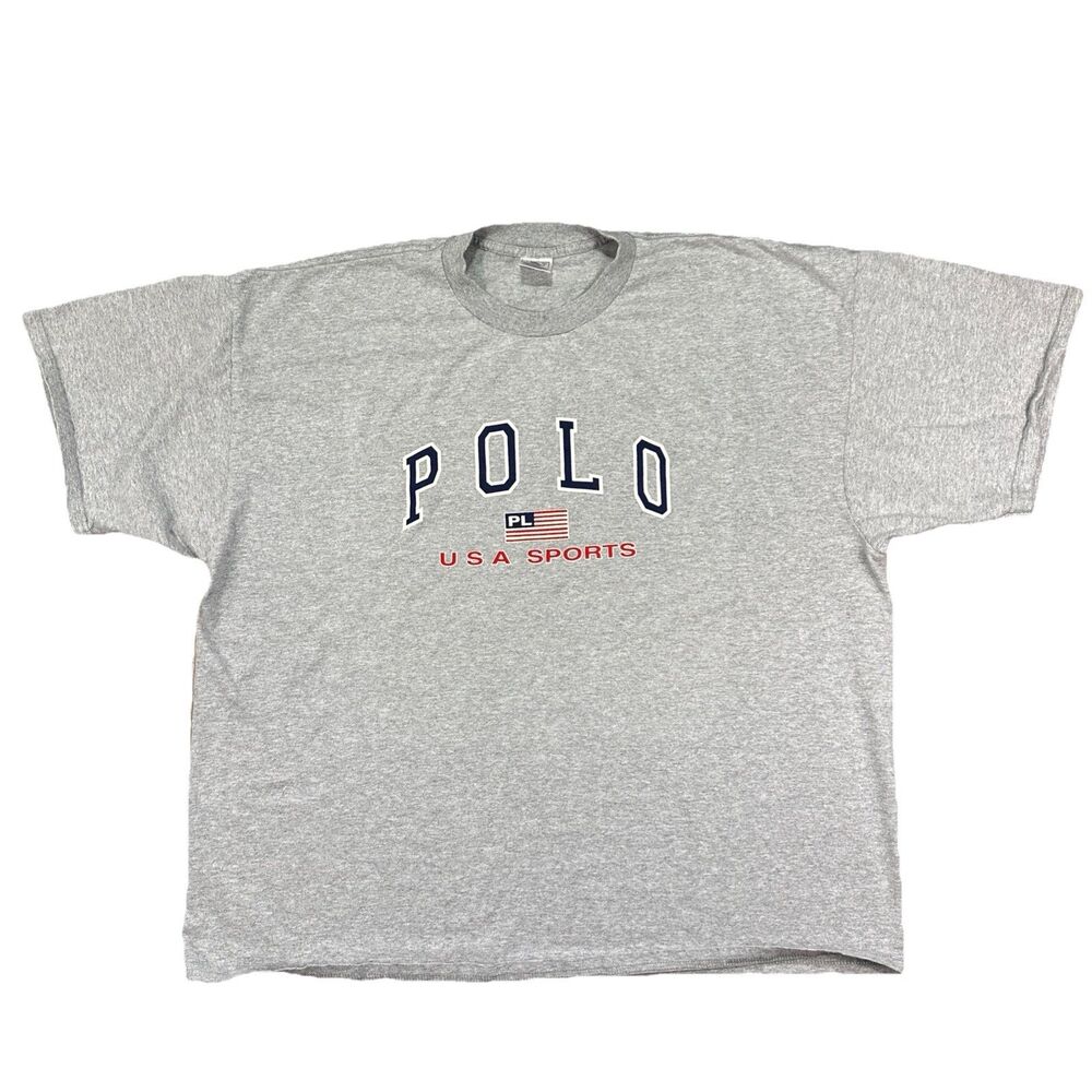 Y2K Polo Sport Ralph Lauren Shirt Spell Out USA Flag Classic Fit Gray 3XL